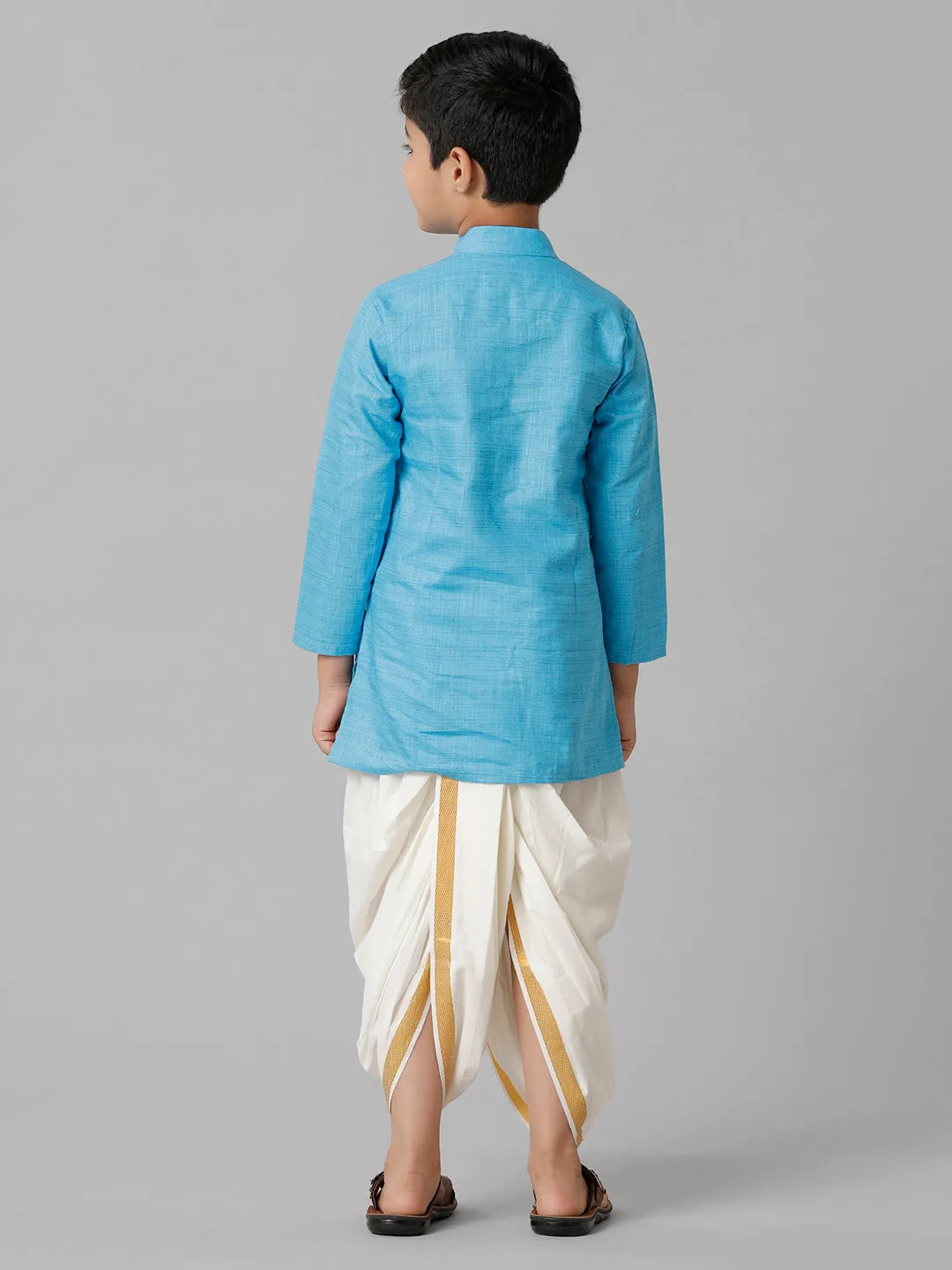 Boys Cotton Sky Blue Kurta with Cream Elastic Panchakacham Combo FS4