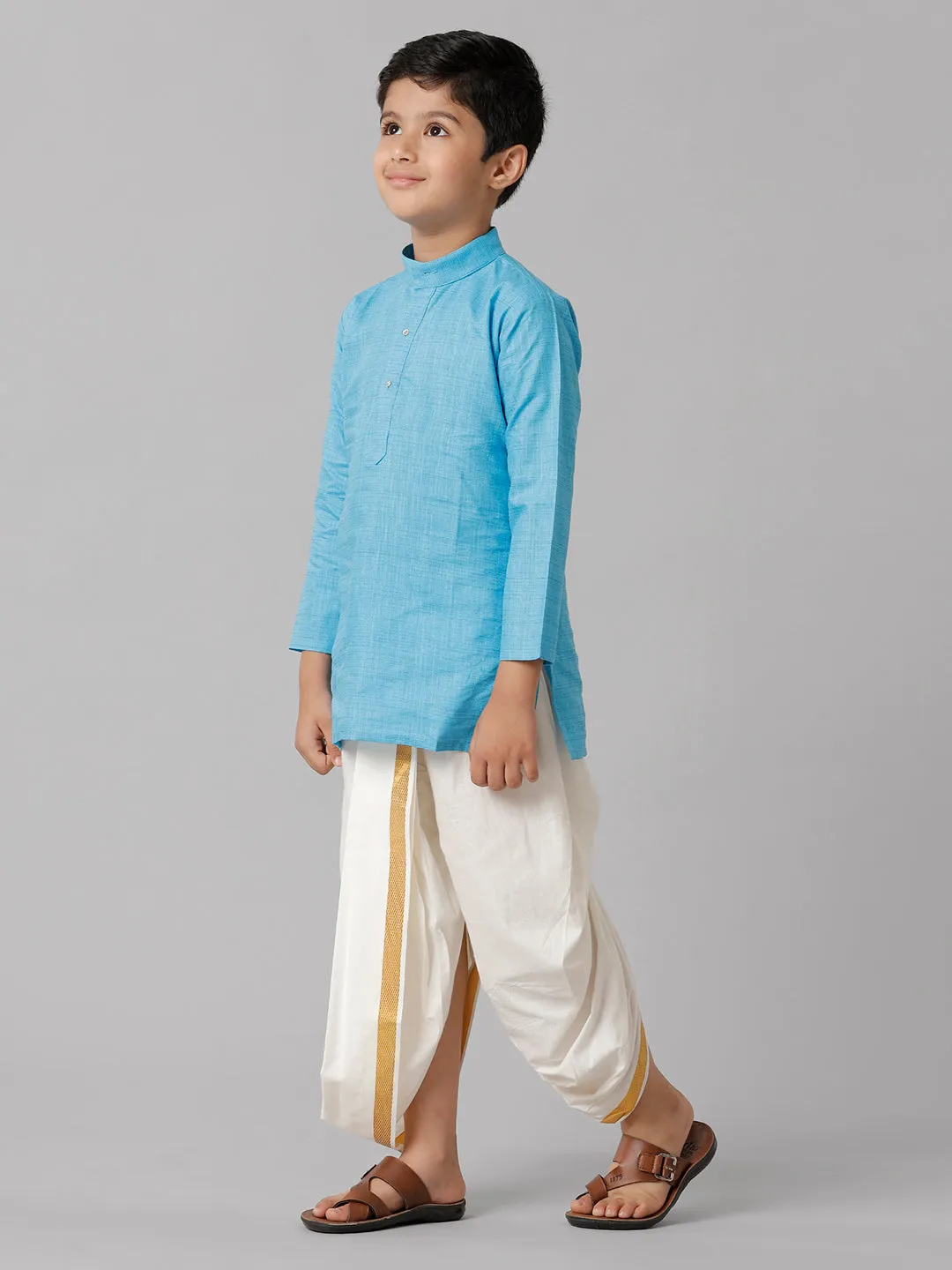 Boys Cotton Sky Blue Kurta with Cream Elastic Panchakacham Combo FS4