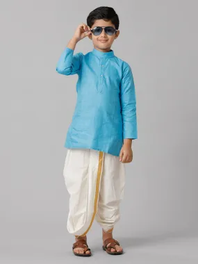 Boys Cotton Sky Blue Kurta with Cream Elastic Panchakacham Combo FS4 Boys Cotton Sky Blue Kurta with Cream Elastic Panchakacham Combo FS4