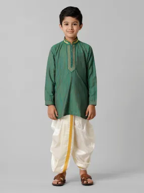 Boys Emerald Cotton Dark Green Kurta with Cream Readymade Art Silk Panchakacham Combo EMD7 Boys Emerald Cotton Dark Green Kurta with Cream Readymade Art Silk Panchakacham Combo EMD7
