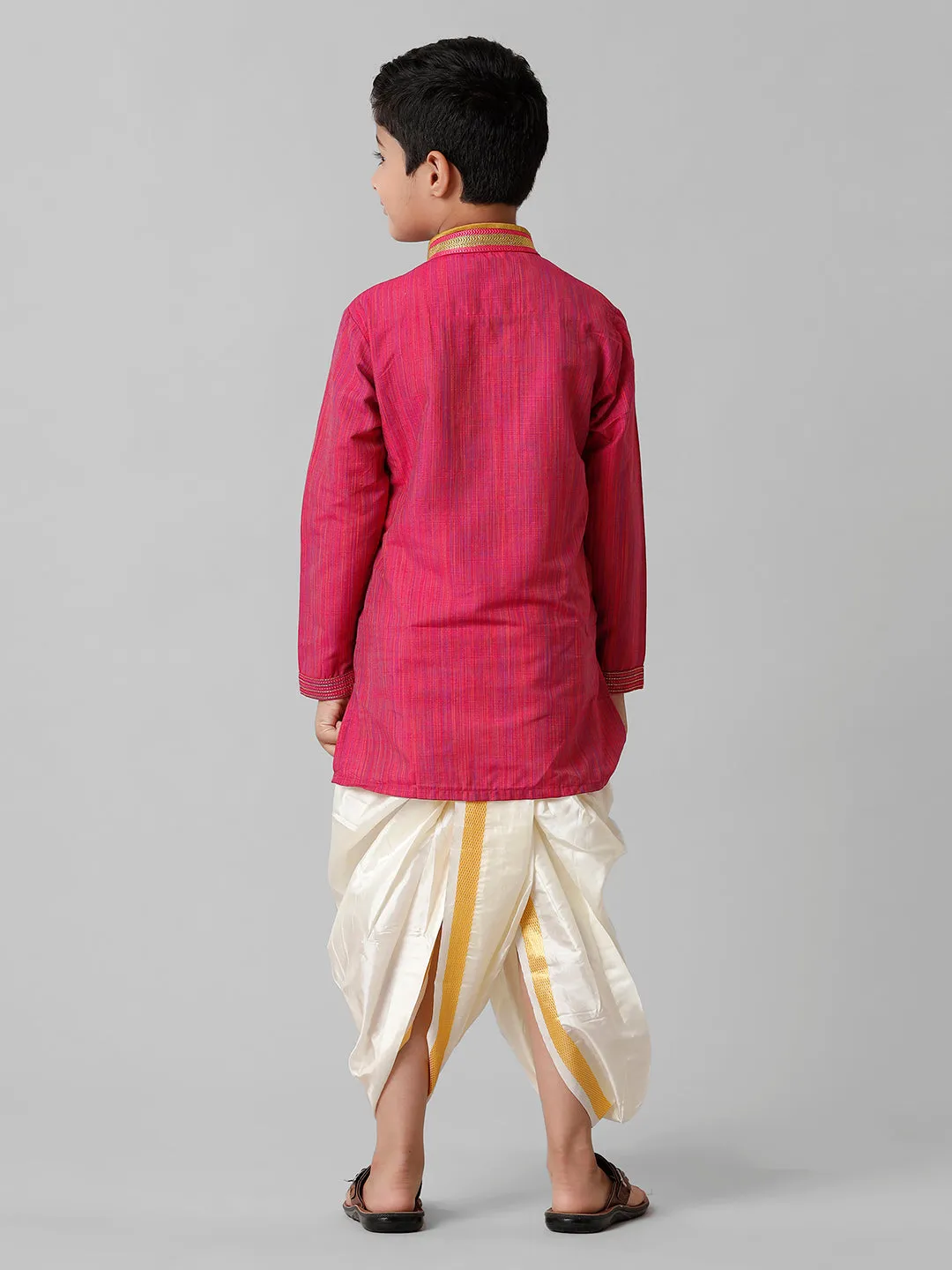 Boys Emerald Cotton Dark Pink Kurta with Cream Readymade Art Silk Panchakacham Combo EMD1