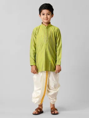 Boys Emerald Cotton Parrot Green Kurta with Cream Readymade Art Silk Panchakacham Combo EMD5 Boys Emerald Cotton Parrot Green Kurta with Cream Readymade Art Silk Panchakacham Combo EMD5