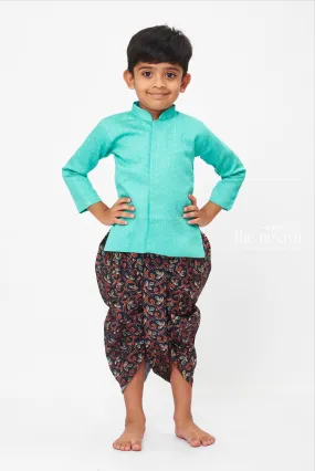 Boys Sea Green Kurta with Patterned Dhoti Set - Elegant Traditional Indian Wear for Kids Boys Sea Green Kurta with Patterned Dhoti Set - Elegant Traditional Indian Wear for Kids