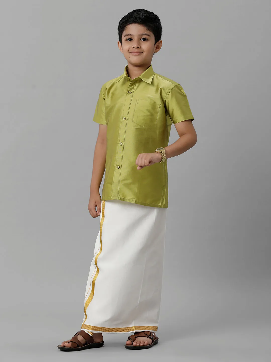 Boys Silk Cotton Lemon Green Half Sleeves Shirt with Adjustable Cream Dhoti Combo K44