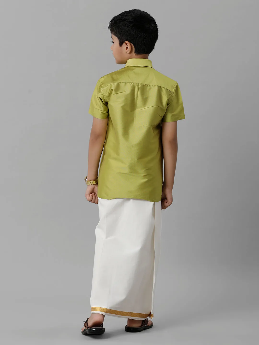 Boys Silk Cotton Lemon Green Half Sleeves Shirt with Adjustable Cream Dhoti Combo K44