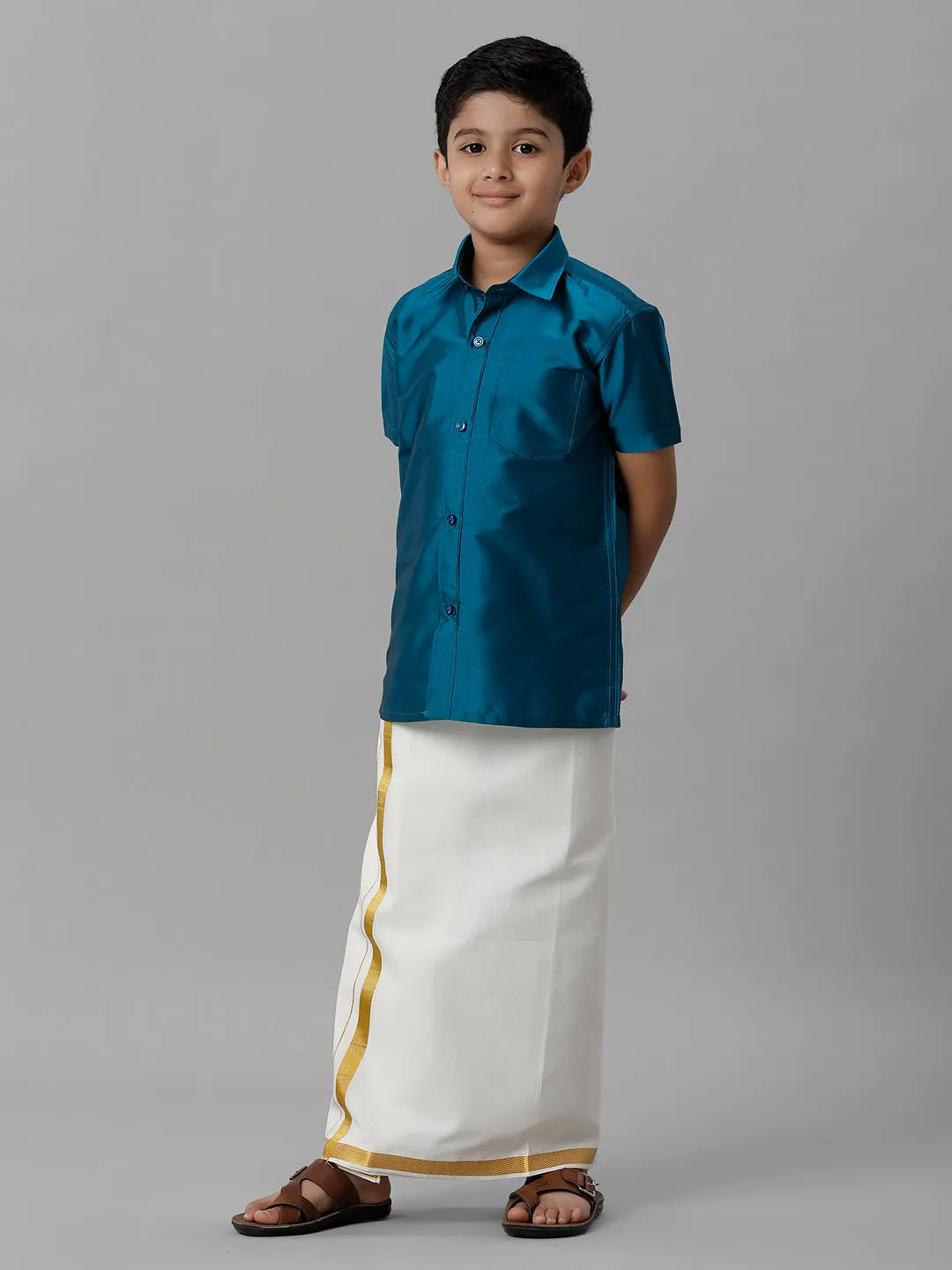 Boys Silk Cotton Light Blue Half Sleeves Shirt with Adjustable Cream Dhoti Combo K1