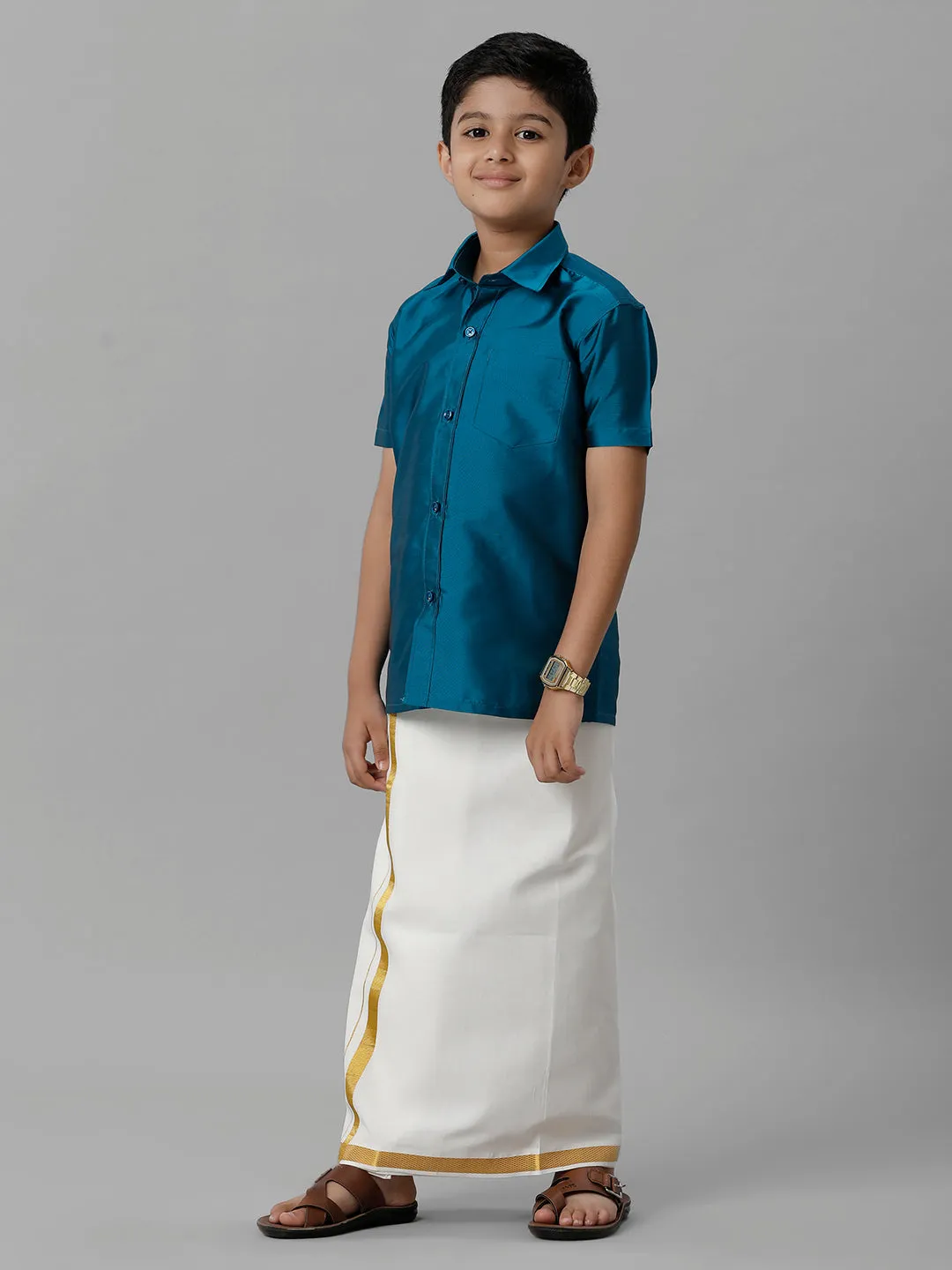Boys Silk Cotton Light Blue Half Sleeves Shirt with Adjustable Cream Dhoti Combo K1