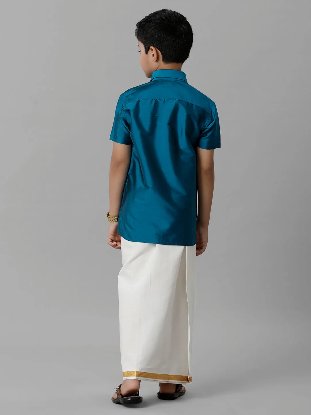 Boys Silk Cotton Light Blue Half Sleeves Shirt with Adjustable Cream Dhoti Combo K1