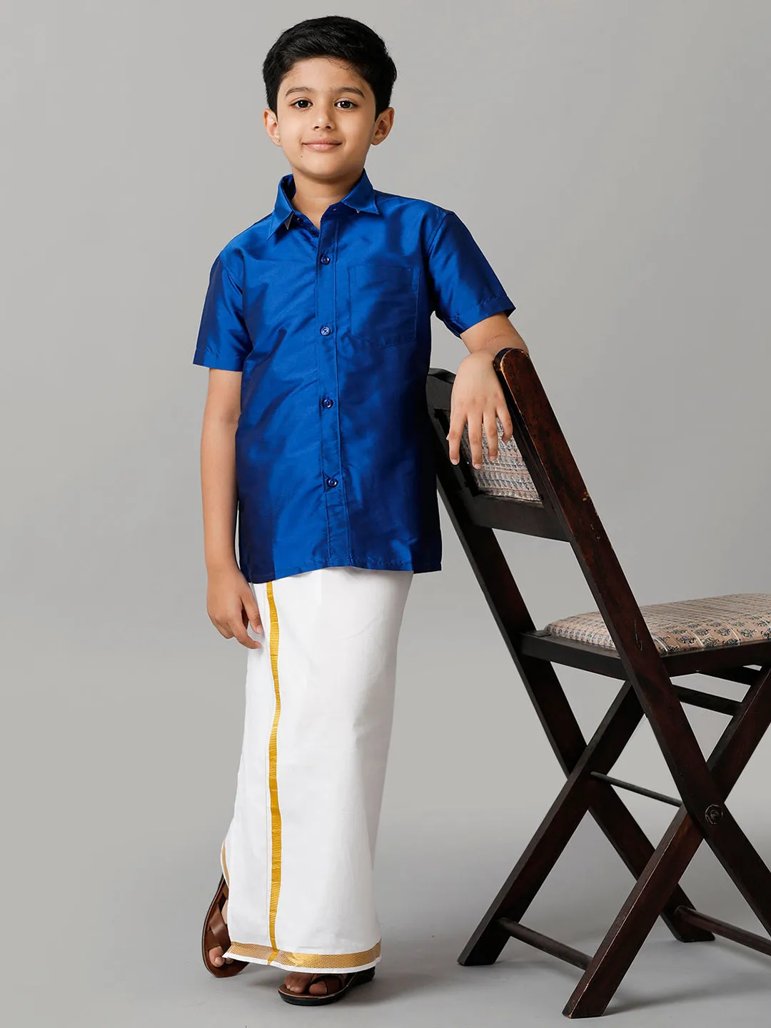 Boys Silk Cotton Light Blue Half Sleeves Shirt with Adjustable White Dhoti Combo K5