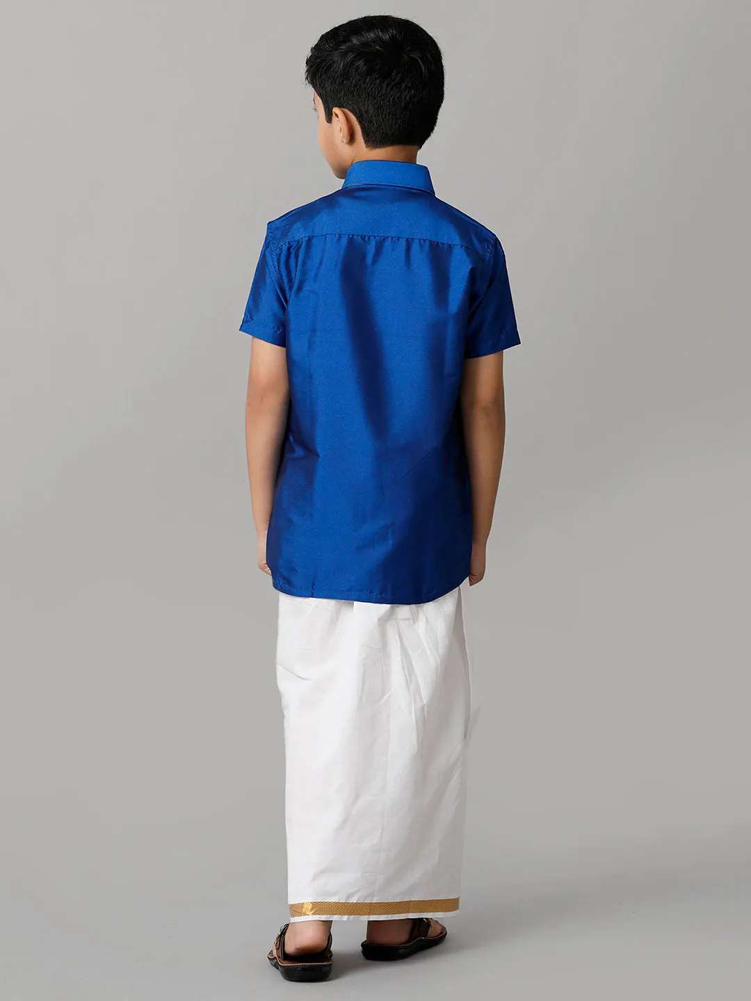 Boys Silk Cotton Light Blue Half Sleeves Shirt with Adjustable White Dhoti Combo K5