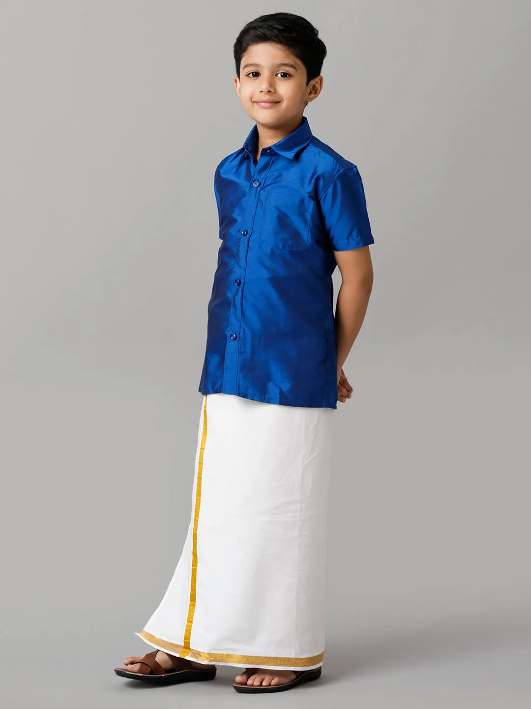 Boys Silk Cotton Light Blue Half Sleeves Shirt with Adjustable White Dhoti Combo K5