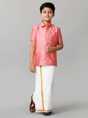 Boys Silk Cotton Pink Half Sleeves Shirt with Adjustable White Dhoti Combo K45