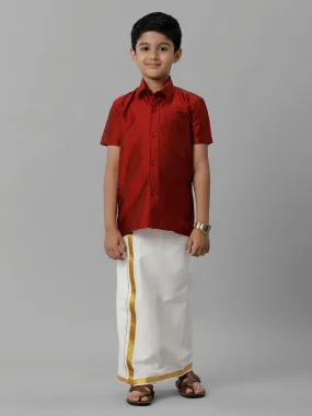 Boys Silk Cotton Red Half Sleeves Shirt with Adjustable Cream Dhoti Combo K8