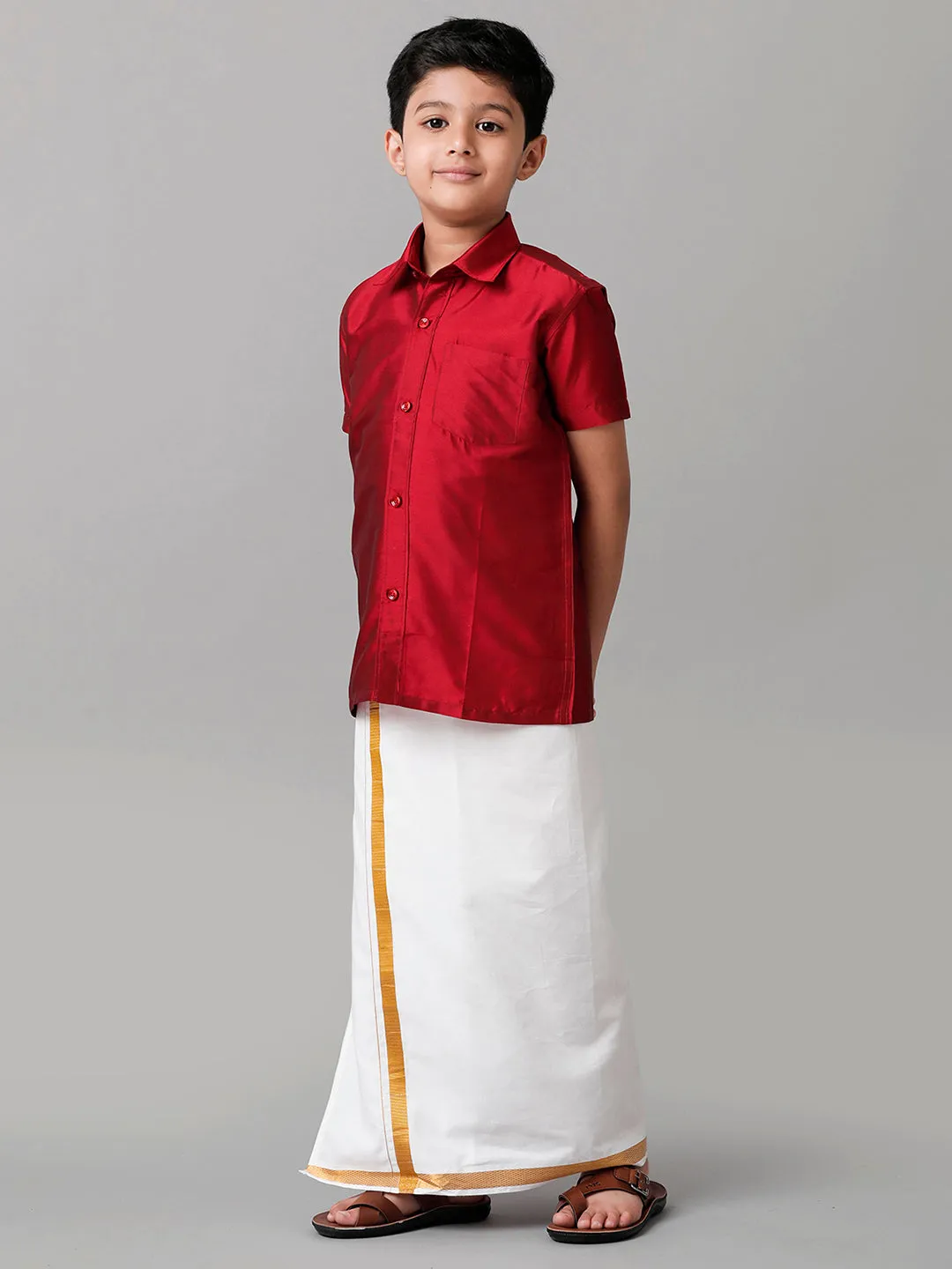 Boys Silk Cotton Red Half Sleeves Shirt with Adjustable White Dhoti Combo K8