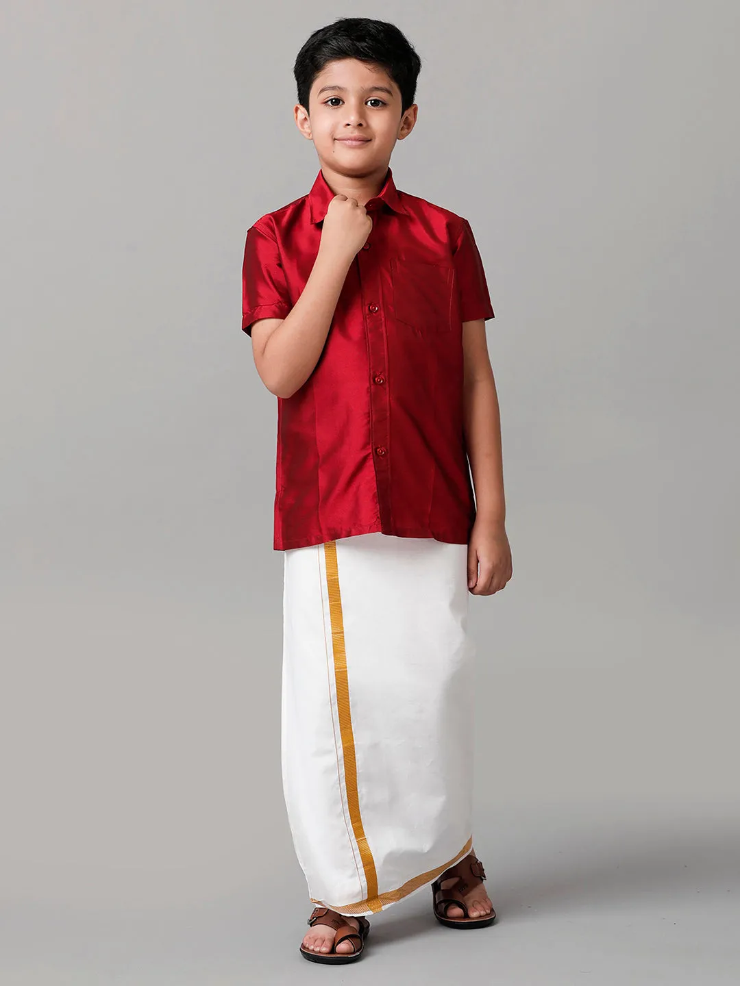 Boys Silk Cotton Red Half Sleeves Shirt with Adjustable White Dhoti Combo K8