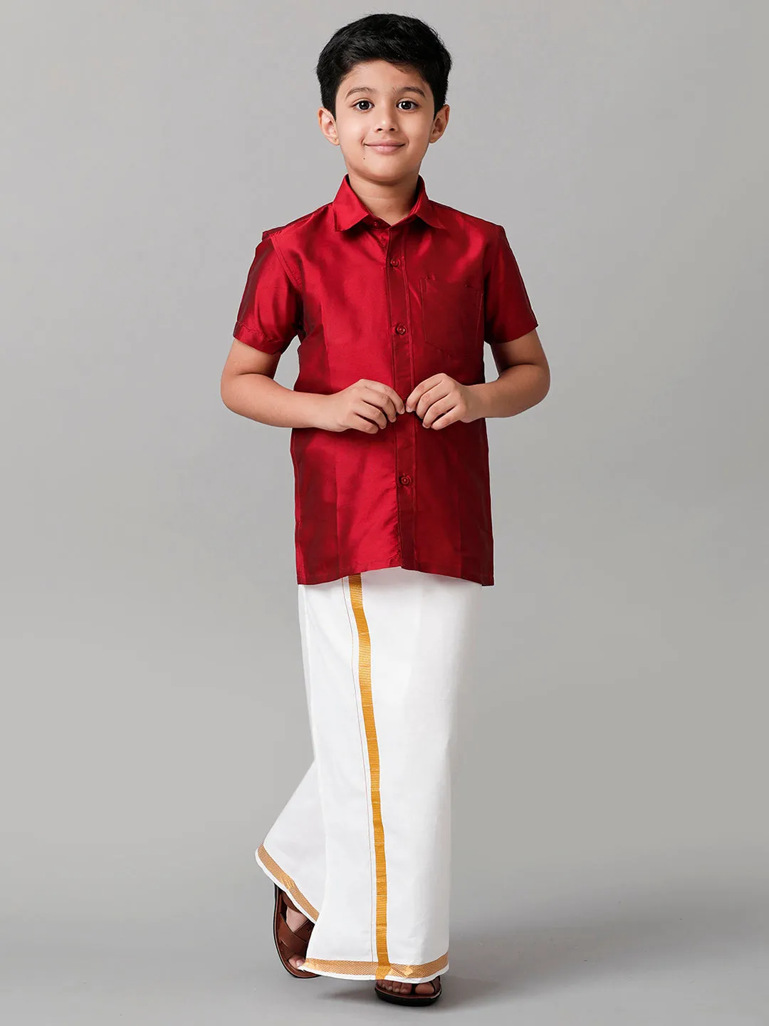 Boys Silk Cotton Red Half Sleeves Shirt with Adjustable White Dhoti Combo K8