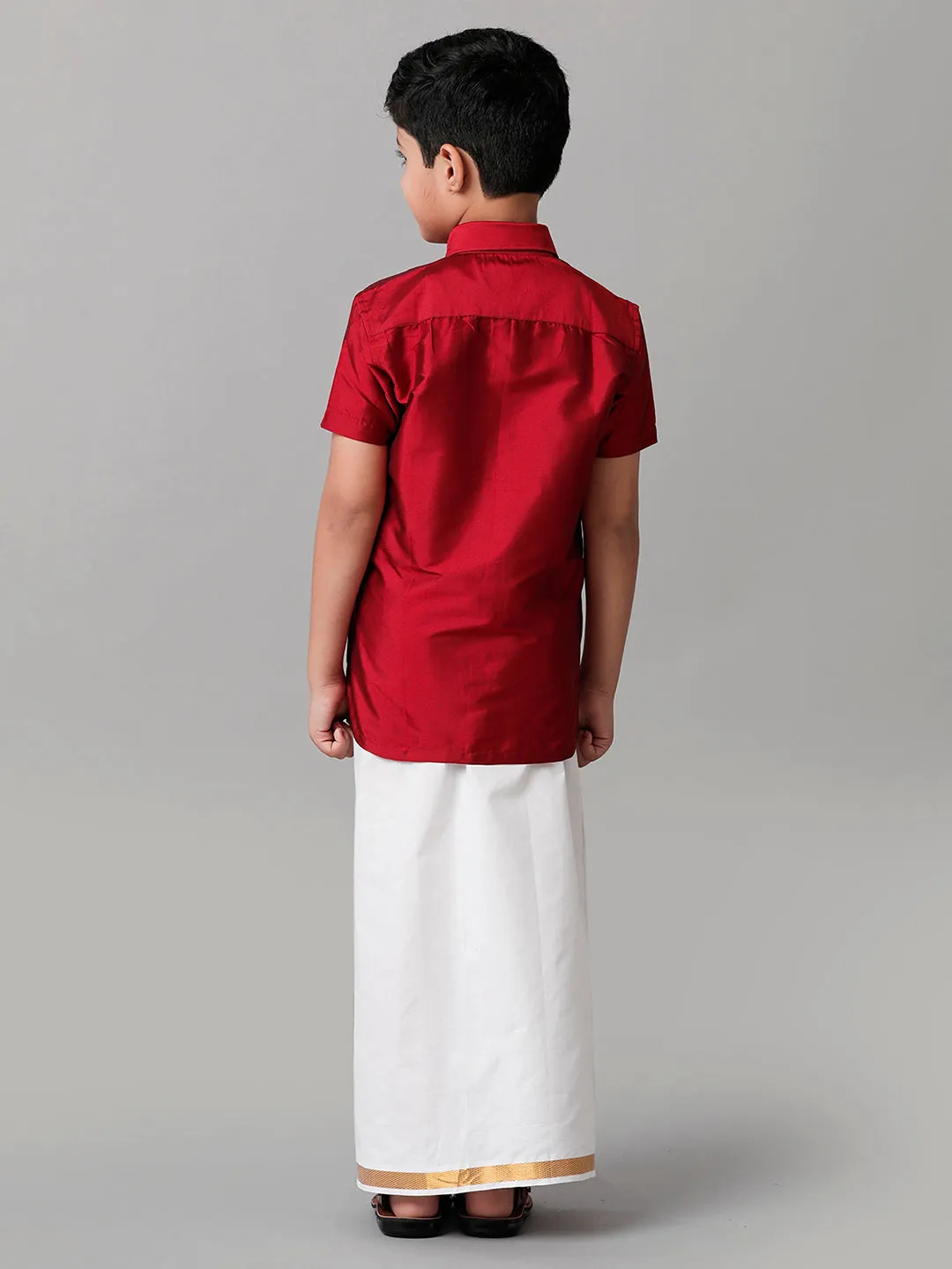 Boys Silk Cotton Red Half Sleeves Shirt with Adjustable White Dhoti Combo K8