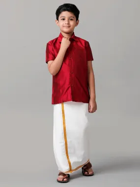 Boys Silk Cotton Red Half Sleeves Shirt with Adjustable White Dhoti Combo K8