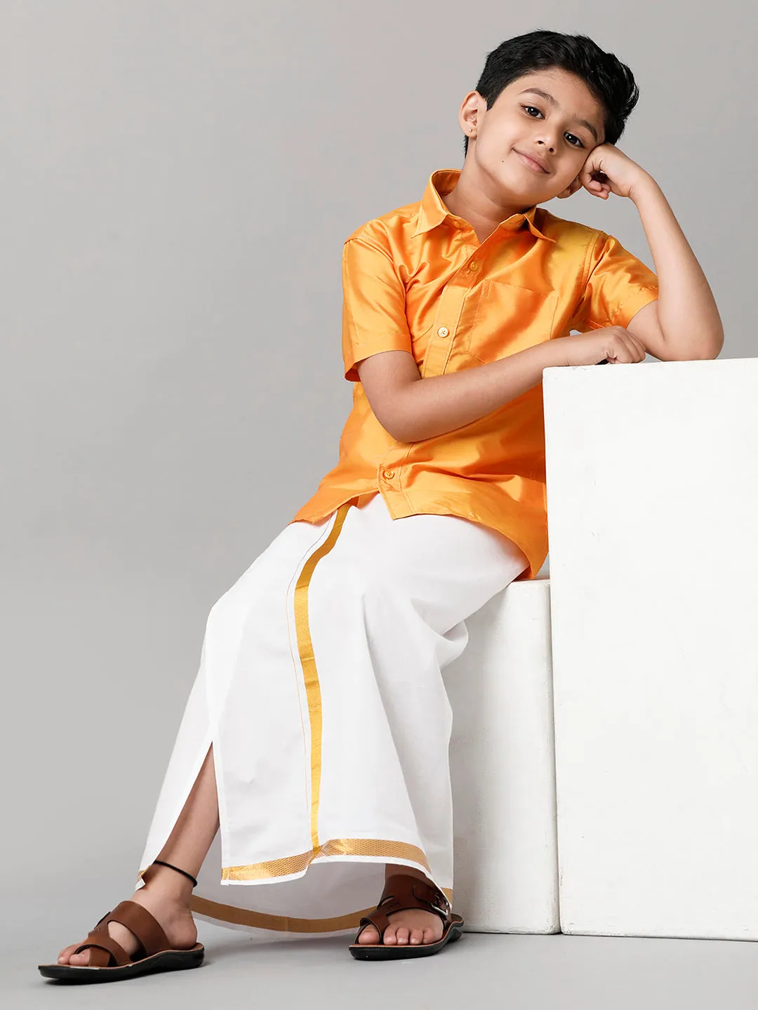 Boys Silk Cotton Yellow Half Sleeves Shirt with Adjustable White Dhoti Combo K6