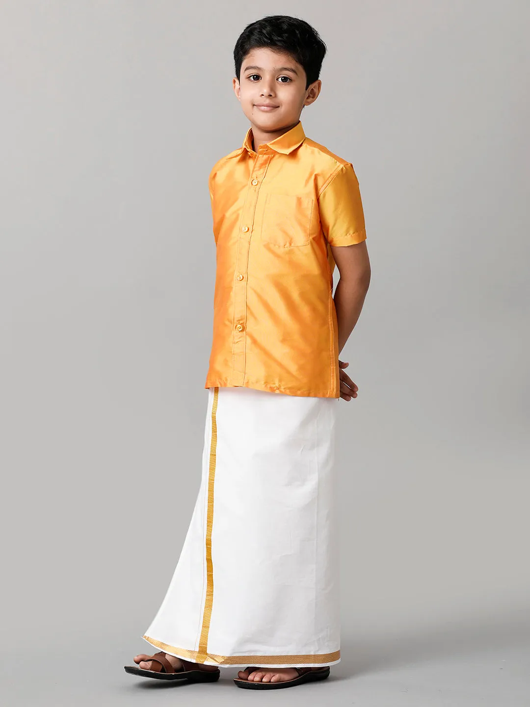 Boys Silk Cotton Yellow Half Sleeves Shirt with Adjustable White Dhoti Combo K6
