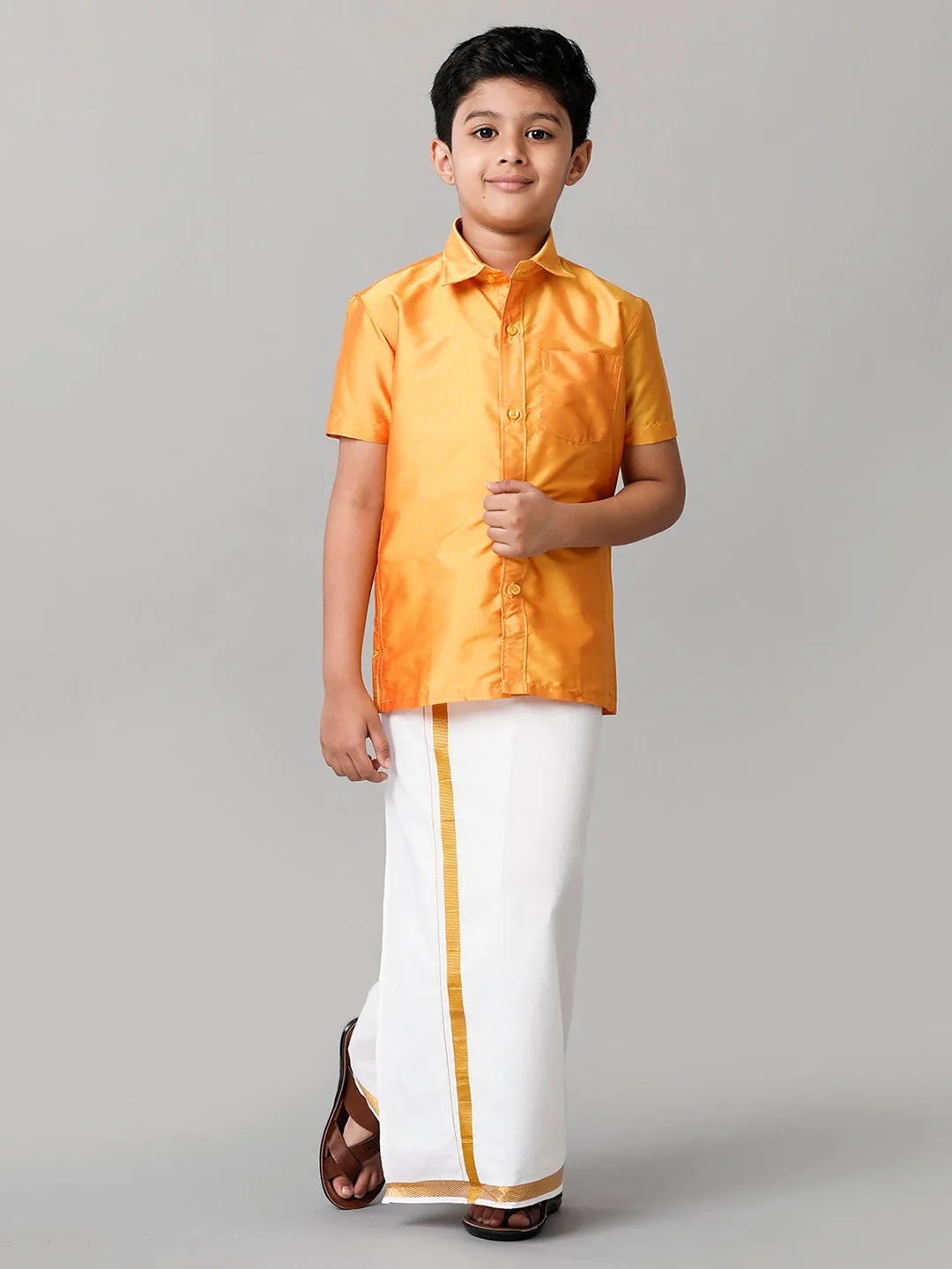 Boys Silk Cotton Yellow Half Sleeves Shirt with Adjustable White Dhoti Combo K6