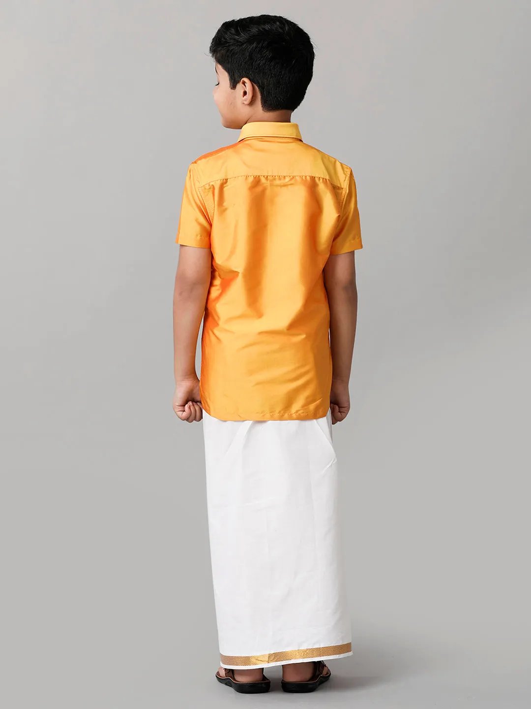 Boys Silk Cotton Yellow Half Sleeves Shirt with Adjustable White Dhoti Combo K6