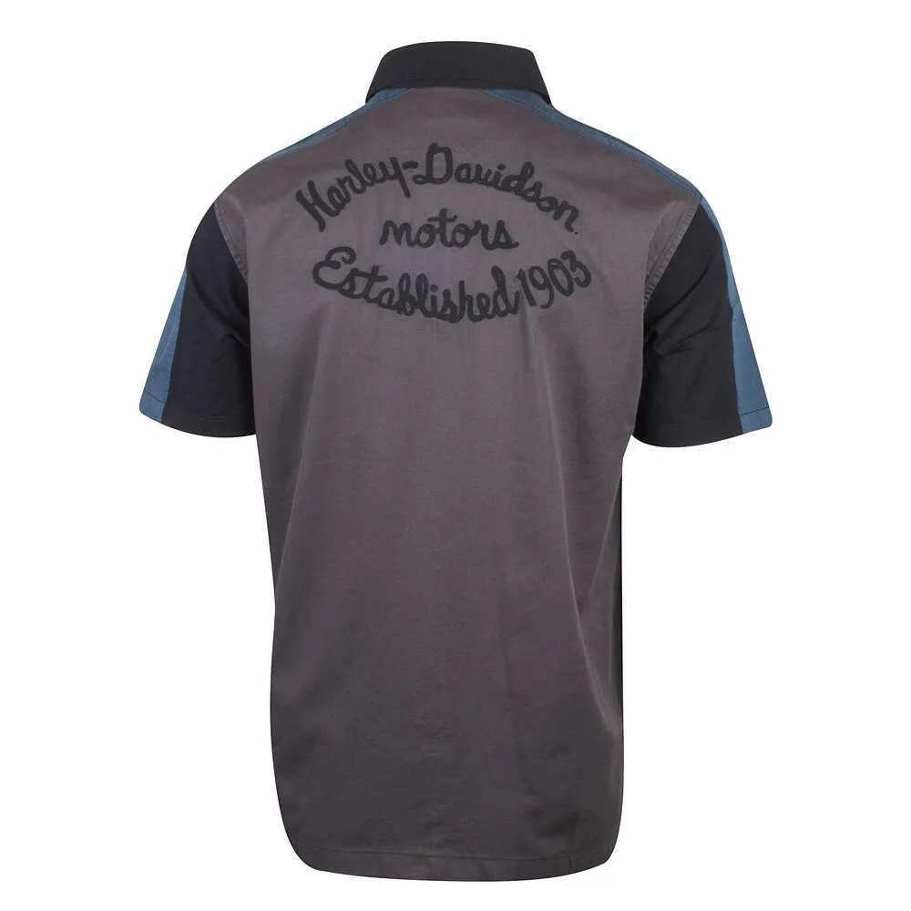 Branded  Men's Grey Black Blue Est. 1903 Colorblock S/S Woven Shirt (S36)