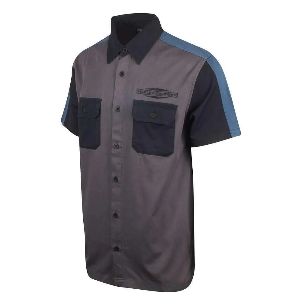 Branded  Men's Grey Black Blue Est. 1903 Colorblock S/S Woven Shirt (S36)