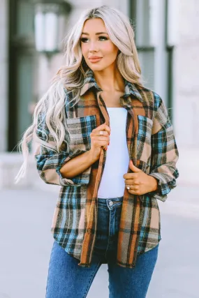 Brown Plaid Color Block Buttoned Shirt with Pockets Brown Plaid Color Block Buttoned Shirt with Pockets