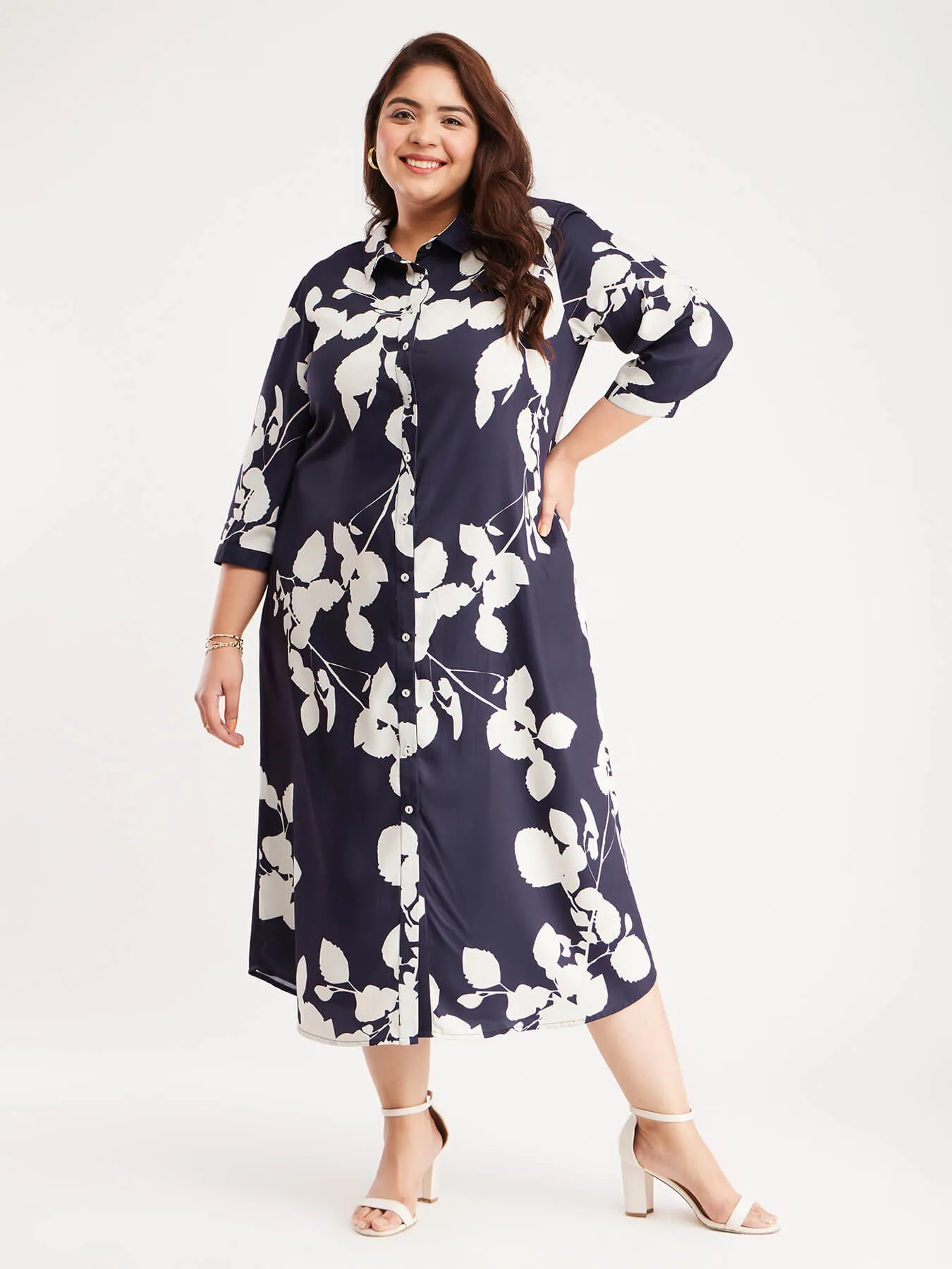 Button Down Shirt Dress - Navy Blue And Off White