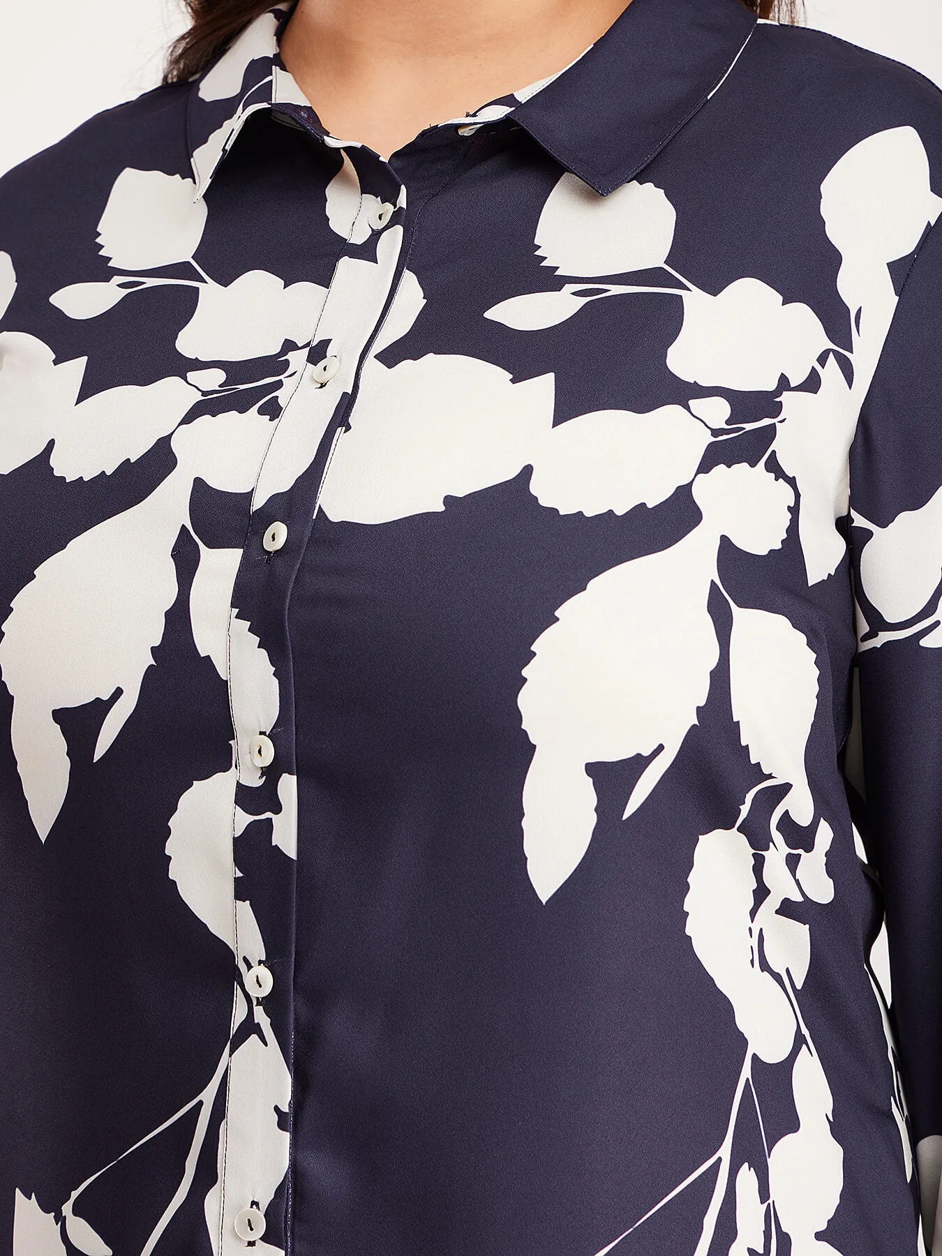 Button Down Shirt Dress - Navy Blue And Off White