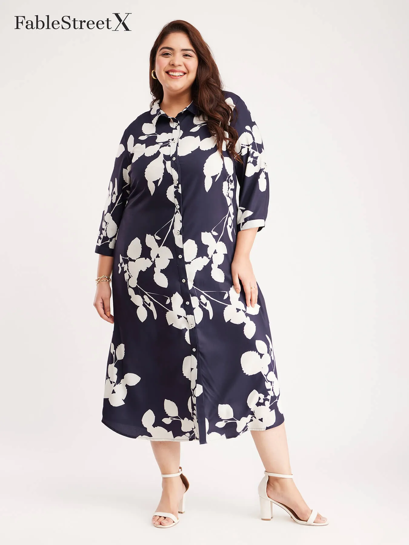 Button Down Shirt Dress - Navy Blue And Off White
