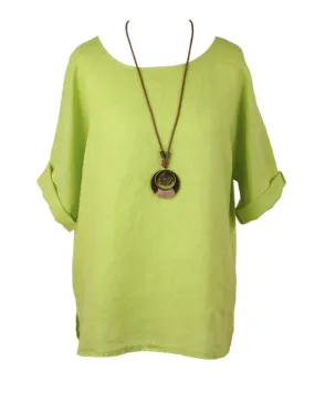 Cadenza Plain Linen Tunic and Necklace in Lime Cadenza Plain Linen Tunic and Necklace in Lime
