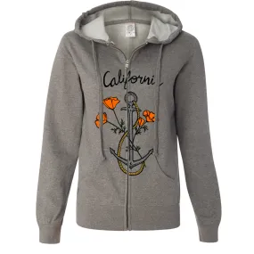 California Anchor Poppies Ladies Lightweight Fitted Zip-Up Hoodie California Anchor Poppies Ladies Lightweight Fitted Zip-Up Hoodie