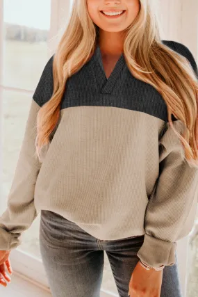Carbon Grey Notched Neck Colorblock Corded Sweatshirt Carbon Grey Notched Neck Colorblock Corded Sweatshirt