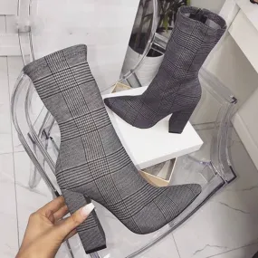 Cotton Fabric Slim Pointed Toe Square Heels Women Ankle Boots Cotton Fabric Slim Pointed Toe Square Heels Women Ankle Boots