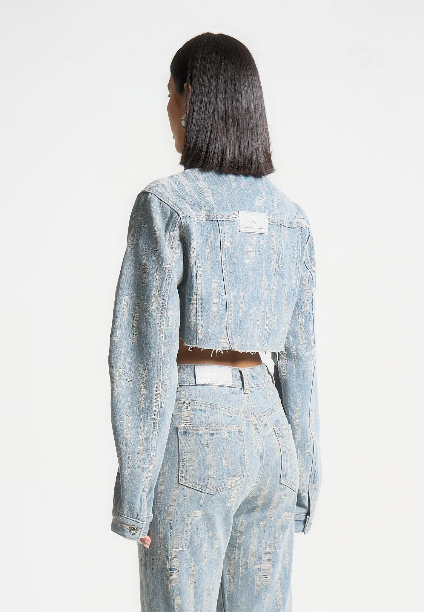 Cropped Distressed Denim Jacket - Mid-Blue