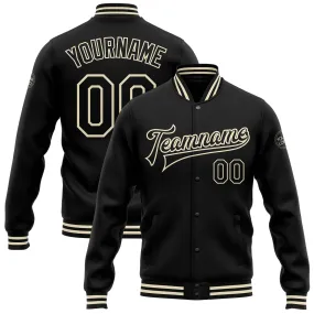 Custom Black Black-Cream Bomber Full-Snap Varsity Letterman Jacket Custom Black Black-Cream Bomber Full-Snap Varsity Letterman Jacket