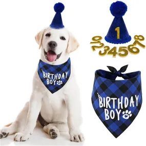 Dog Birthday Boy & Girl Party Set - Blue Plaid Bandana and Hat with Number Stickers Dog Birthday Boy & Girl Party Set - Blue Plaid Bandana and Hat with Number Stickers