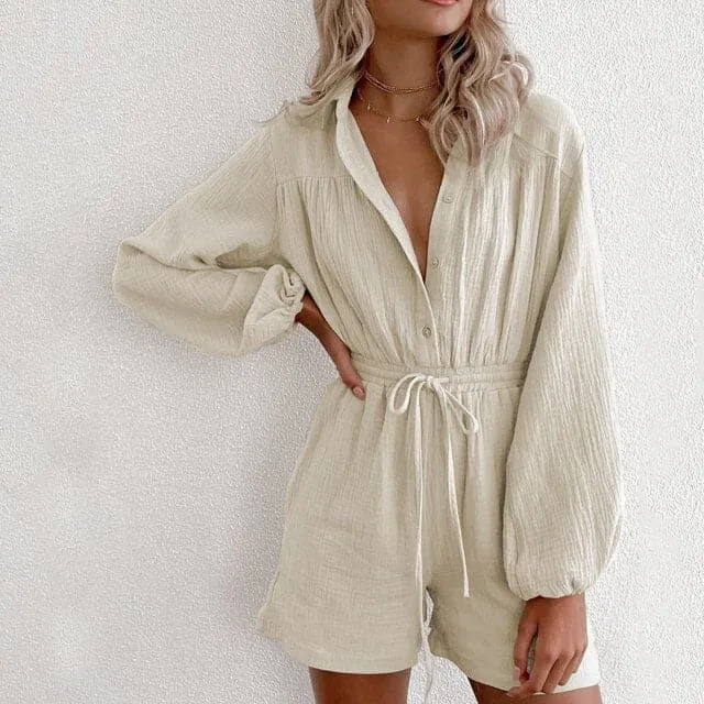 DressBetty - Women Fashion V-Neck Casual Sport Short Rompers Button Down Shorts Bodysuit Linen Drawstring Casual Jumpsuit Overalls