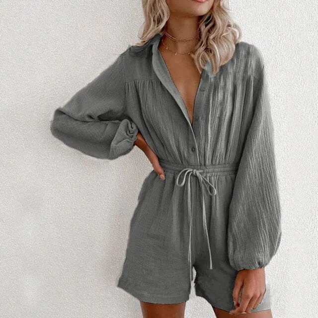 DressBetty - Women Fashion V-Neck Casual Sport Short Rompers Button Down Shorts Bodysuit Linen Drawstring Casual Jumpsuit Overalls