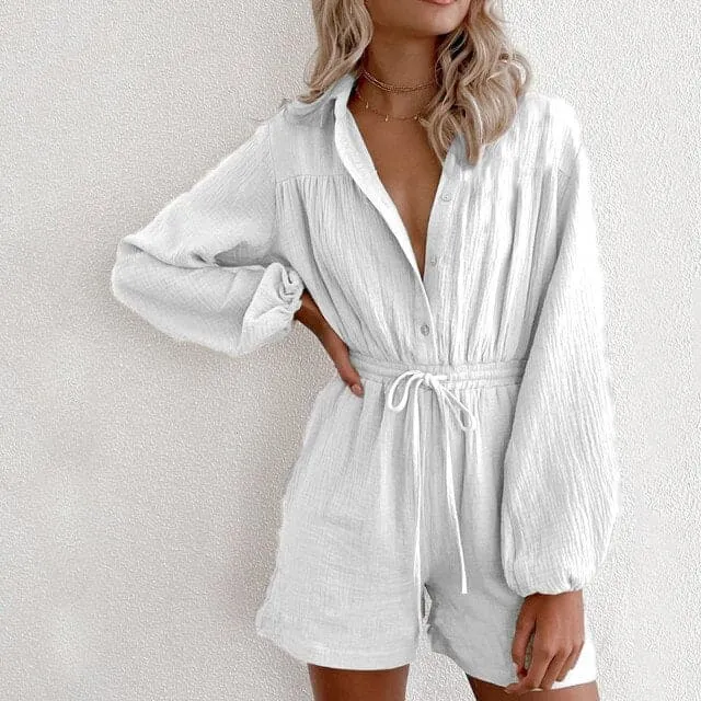 DressBetty - Women Fashion V-Neck Casual Sport Short Rompers Button Down Shorts Bodysuit Linen Drawstring Casual Jumpsuit Overalls