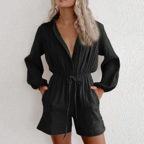 DressBetty - Women Fashion V-Neck Casual Sport Short Rompers Button Down Shorts Bodysuit Linen Drawstring Casual Jumpsuit Overalls