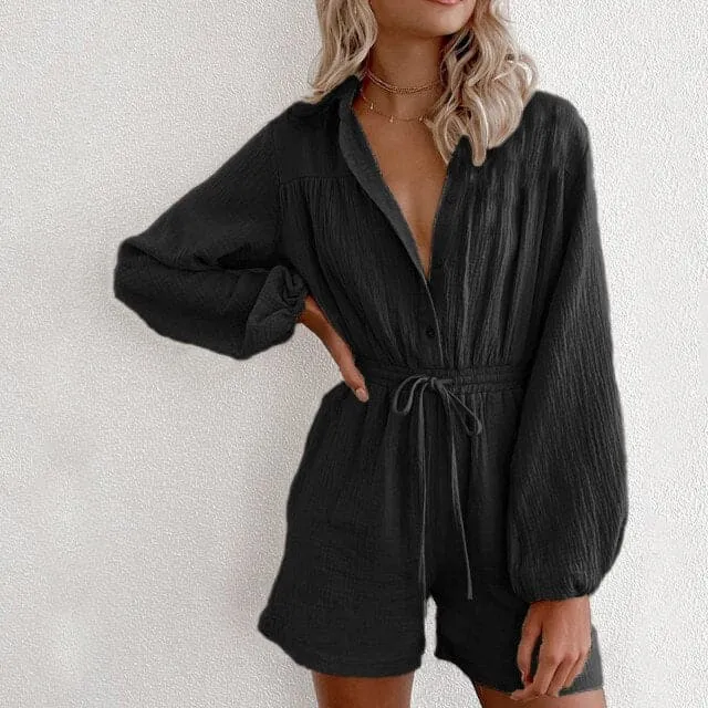 DressBetty - Women Fashion V-Neck Casual Sport Short Rompers Button Down Shorts Bodysuit Linen Drawstring Casual Jumpsuit Overalls