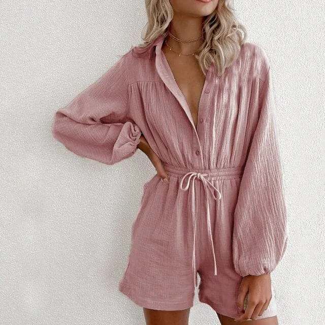 DressBetty - Women Fashion V-Neck Casual Sport Short Rompers Button Down Shorts Bodysuit Linen Drawstring Casual Jumpsuit Overalls