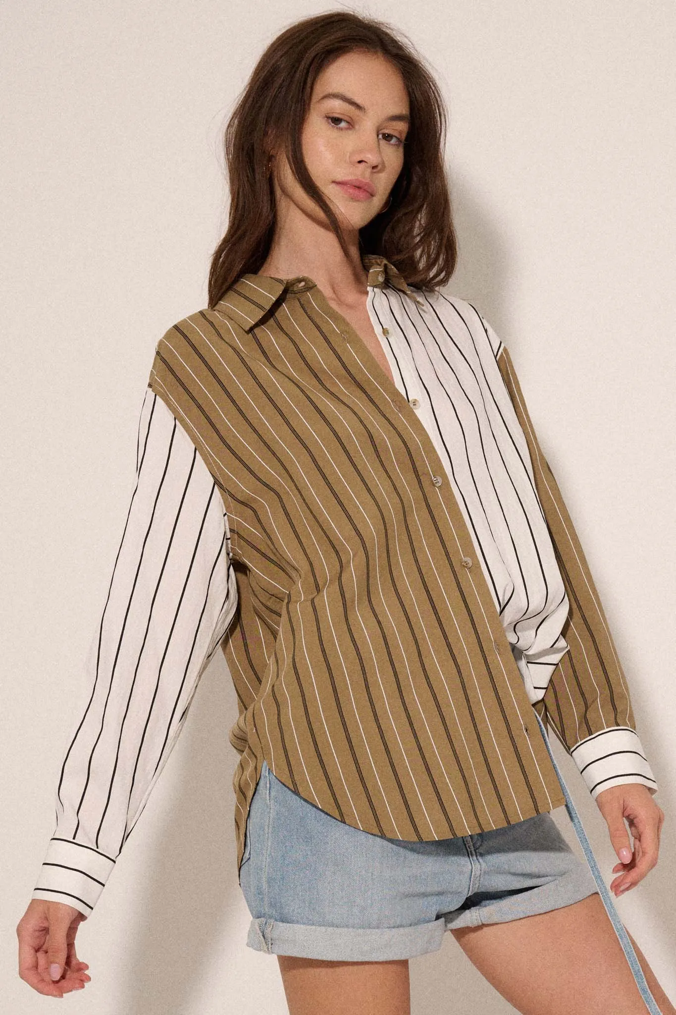 First in Line Colorblock Striped Button-Up Shirt