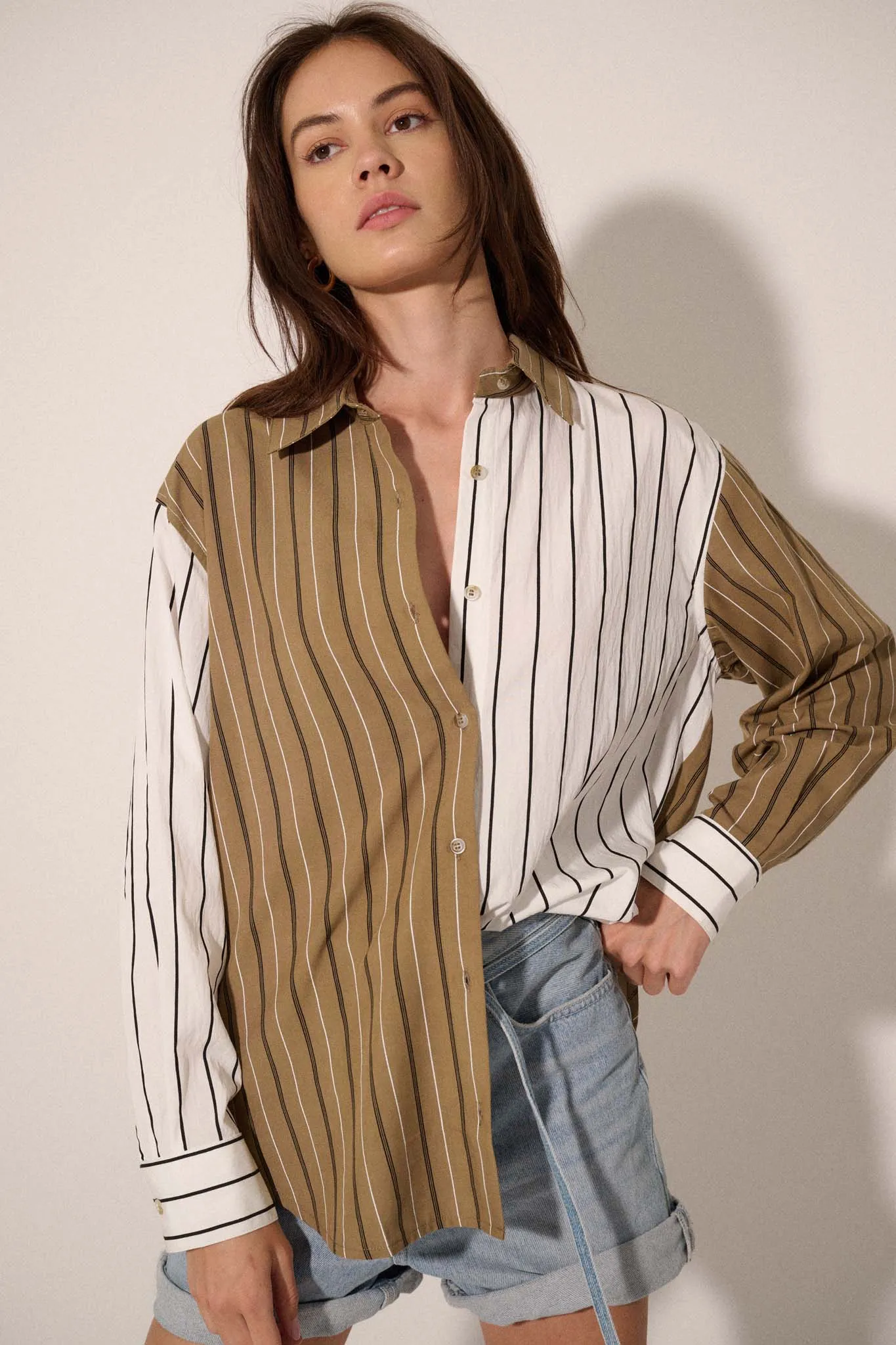 First in Line Colorblock Striped Button-Up Shirt