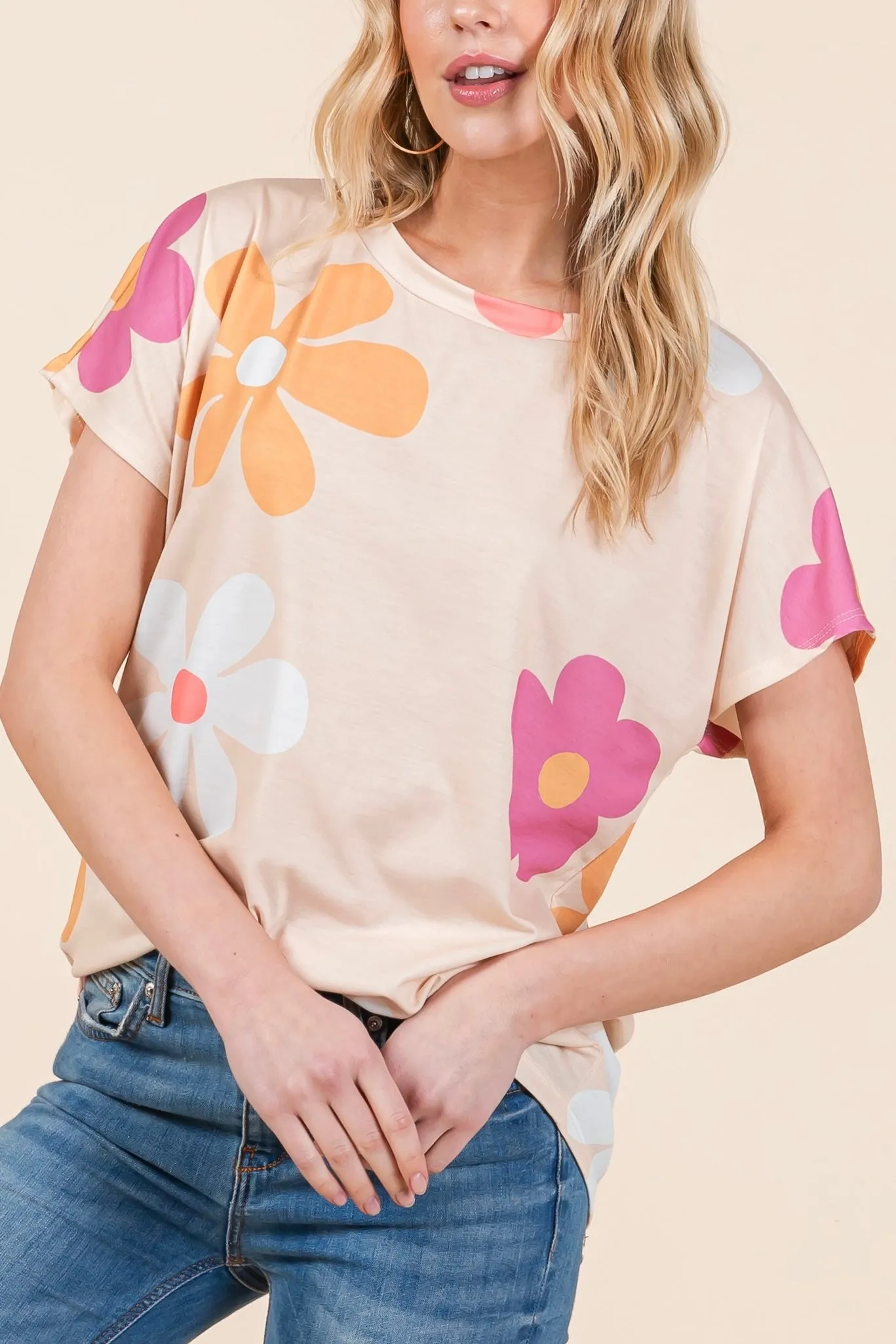 Floral Crew Neck Short Sleeve Top- Beige