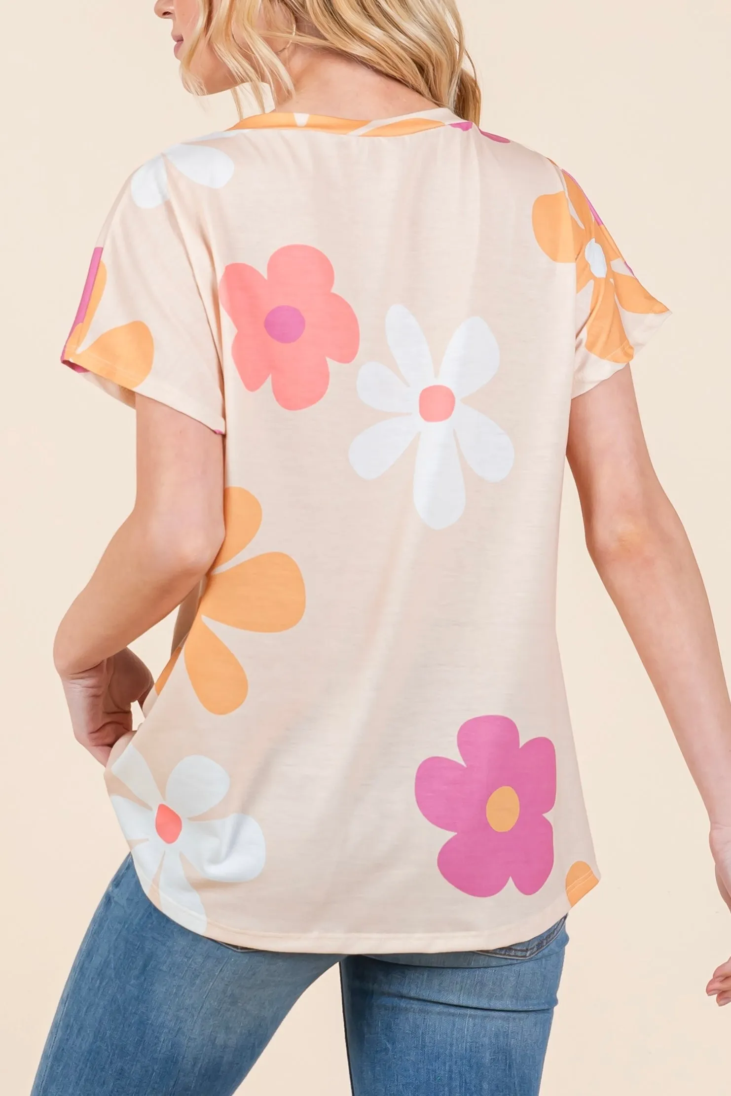Floral Crew Neck Short Sleeve Top- Beige