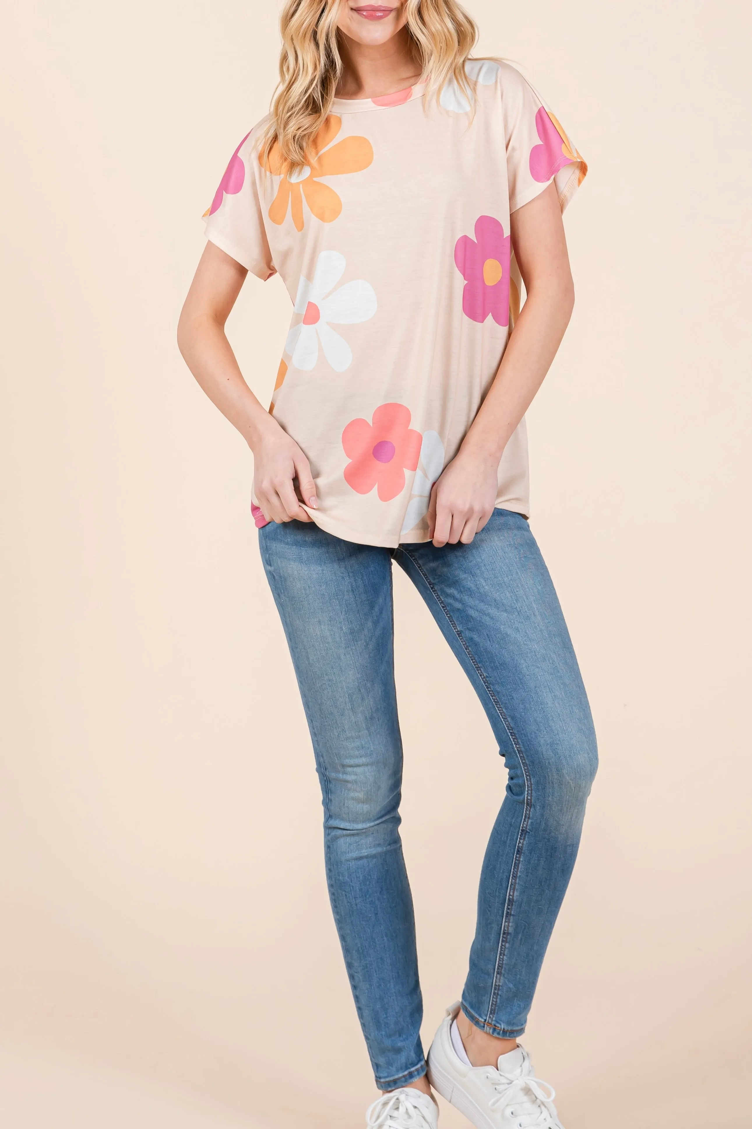 Floral Crew Neck Short Sleeve Top- Beige